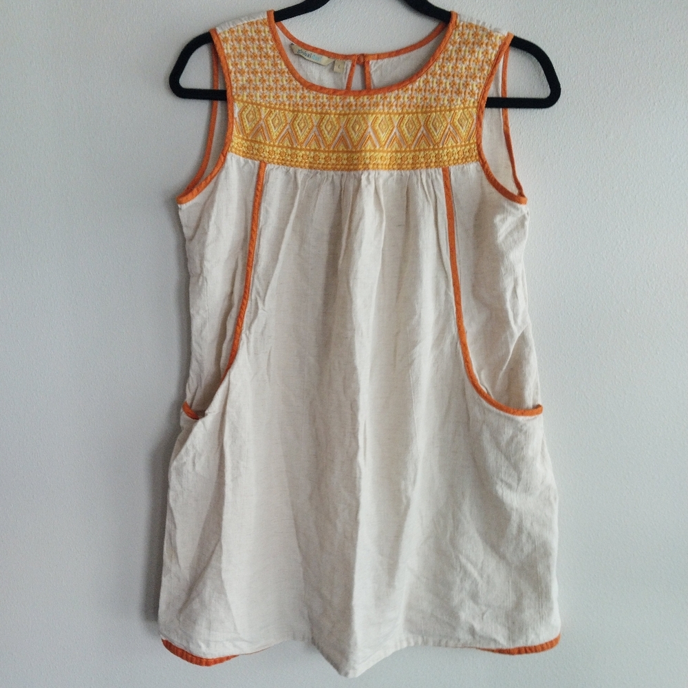 Global Desi Orange and Cream Embroidered Sleeveless Boho Tunic Top